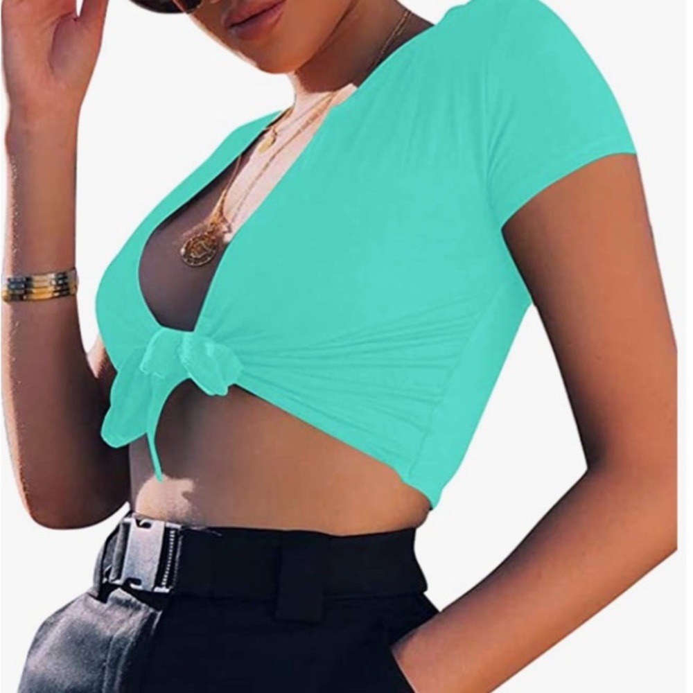 BORIFLORS Women's Tie Up Crop Top Short Sleeve Deep V Neck  turquoise